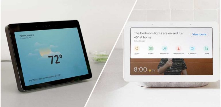 A Google Home Hub and Amazon Echo Show side by side